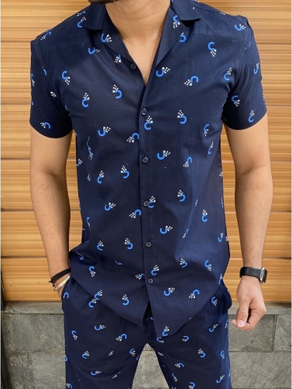 Tracksuit Printed Cotton Navy Paijama Set